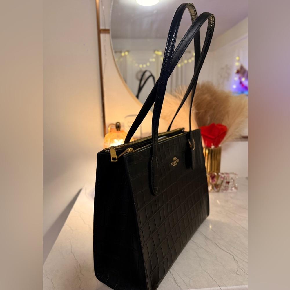 COACH Black Croc Embossed Leather Tote - Picture 2 of 12